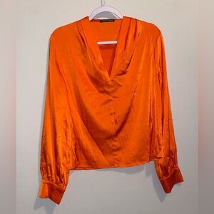 V-Neck Lantern Sleeve Satin Blouse